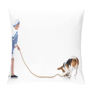 Personality  Full Length View Of Preschooler Child In Sailor Costume Holding Rope And Beagle Dog On White Pillow Covers