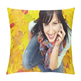 Personality  Portrait Of Attractive Young Woman Talking On The Mobile Phone And Sitting Pillow Covers