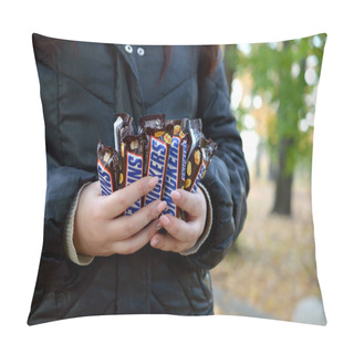 Personality  KHARKOV, UKRAINE - OCTOBER 8, 2019: A Young Caucasian Woman Shows Many Snickers Chocolate Bars In Brown Wrapping In Autumn Park. Snickers Chocolate Manufactured By Mars Pillow Covers