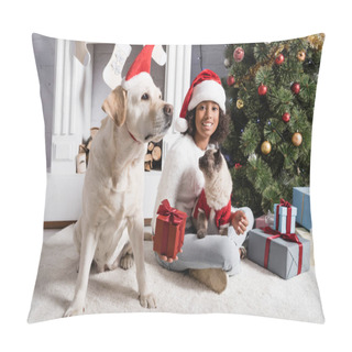 Personality  Happy African American Girl Holding Gift Box While Sitting With Dog And Cat Near Christmas Tree   Pillow Covers