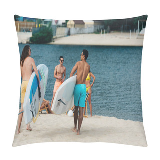 Personality  Back View Of Young Multicultural Men Holding Surfing Boards On Beach Pillow Covers