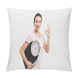 Personality  Beautiful Girl Holding Scales And Showing Ok Gesture Isolated On White Pillow Covers