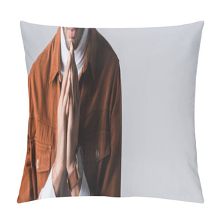 Personality  Cropped View Of Man In Terracotta Jacket Showing Praying Hands Isolated On Grey, Banner  Pillow Covers
