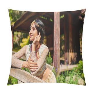 Personality  Summer Park, Dreamy Indian Authentic Style Woman Smiling And Looking Away On Wooden Bridge Pillow Covers