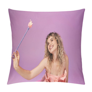 Personality  Dreamy Attractive Woman In Pink Dress Holding Magic Wand And Looking Away, Tooth Fairy Concept Pillow Covers