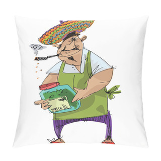 Personality  A Cannabis Vendor Rasta Man In Yamayka Style Beret Holds Marijuana Leaf And Big Bottle Full Of Weeds. Caricature. Cartoon. Pillow Covers
