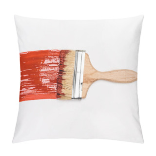 Personality  Top View Of Paintbrush Near Colorful Red Paint Brushstroke On White Background Pillow Covers