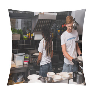 Personality  Happy Redhead Volunteer Cooking Near African American Woman In Kitchen  Pillow Covers