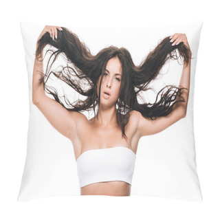 Personality  Brunette Beautiful Woman Holding Wavy Hair Isolated On White Pillow Covers