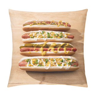 Personality  Delicious Hot Dogs With Corn, Green Onion And Pickles On Wooden Table Pillow Covers