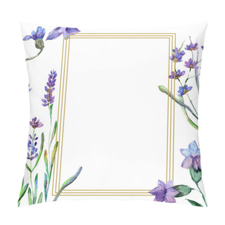 Personality  Purple Lavender Flowers. Watercolor Background Illustration. Frame Square. Gold Crystal Stone Polyhedron Mosaic Shape Amethyst Gem. Pillow Covers