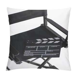 Personality  High Angle View Of Clapperboard On Director Chair On White, Cinema Concept Pillow Covers