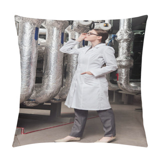 Personality  Beautiful Engineer In White Coat Touching Glasses While Standing With Hand In Pocket And Looking At Air Compressed System  Pillow Covers