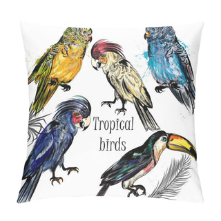 Personality  Vector Collection Of Tropical Birds Hand Drawn In Watercolor And Pillow Covers