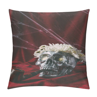 Personality  Silver Skull With Flowers And Smoking Pipe On Red Cloth With Spider Web  Pillow Covers
