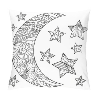 Personality  Crescent On White. Moon And Stars With Abstract Patterns On Isolation Background. Zentangle. Design For Spiritual Relaxation For Adults. Black And White Illustration For Anti Stress Colouring Page Pillow Covers