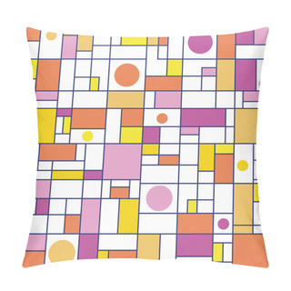 Personality  Orange, Pink, Purple, Yellow Rectangles And Circles With Deep Blue Outlines. Seamless Abstract Vector Pattern On White Background. Great For Wellness, Beauty Products, Packaging, Stationery, Marketing Pillow Covers
