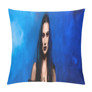 Personality  Panoramic Crop Of Woman In Black Veil On Blue With Smoke, Halloween Concept Pillow Covers
