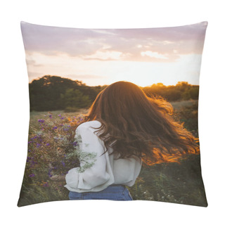 Personality  National Relaxation Day, Relaxation Practices, Mental Health, Slow Living Concept. Young Girl With Long Windy Hair And Flower Bouquet Enjoying Nature On The Background Of Sunset. Pillow Covers