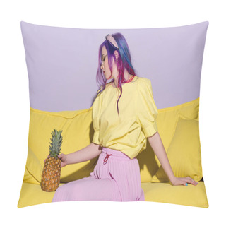 Personality  Beautiful Young Woman Sitting On Yellow Couch With Pineapple Pillow Covers