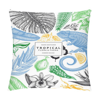 Personality  Tropical Wedding Invitation Or Greeting Card. Vector Design With Hand Drawn Tropical Plants, Exotic Flowers, Palm Leaves, Insects And Chameleon. Vintage Wildlife Background. Summer Template With Tropical Plants And Animals. Pillow Covers