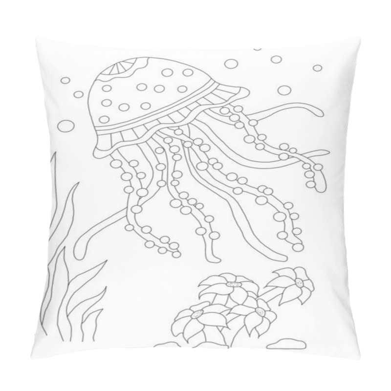 Personality  jellyfish in the underwater world coloring for children, linear drawing for the design of children's goods pillow covers