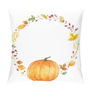 Personality  Watercolor Wreath With Pumpkin And Fall Leaves. Autumn, Thanksgiving Day Pillow Covers
