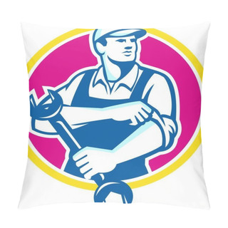 Personality  Illustration Of A Mechanic Wearing Hat Holding Spanner Wrench Rolling Sleeve Looking To The Side Set Inside Circle On Isolated Background Done In Retro Style. Pillow Covers