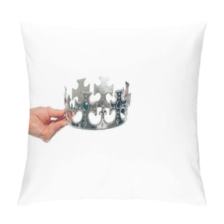 Personality  Cropped View Of Woman Holding Silver Crown With Gemstones, Isolated On White Pillow Covers