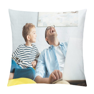 Personality  Smiling Boy Looking At Happy Father Using Laptop Pillow Covers