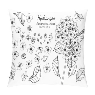 Personality  Collection Set Of Hydrangea Flower And Leaves Drawing. Pillow Covers