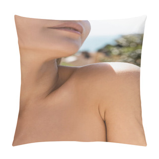 Personality  Cropped View Of Woman With Sunshine On Bare Shoulder In Summer Pillow Covers