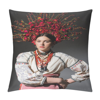Personality  Brunette And Young Ukrainan Woman In Floral Wreath With Red Berries Posing With Hand On Hip On Dark Grey Pillow Covers