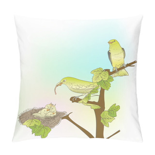 Personality  Hand Drawn Little Green Birds Feeding Their Young In The Nest  Pillow Covers