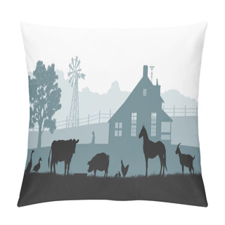 Personality  Silhouettes Of Farm Animals. Rural Landscape With Cow, Horse And Pig. Village Panorama For Poster. Farmer House And Livestock Pillow Covers