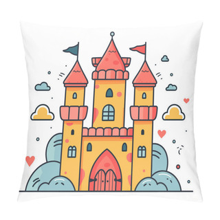 Personality  Colorful Cartoon Castle Red Roofs Sunny Day. Fairytale Castle Flags Vector Illustration Pillow Covers