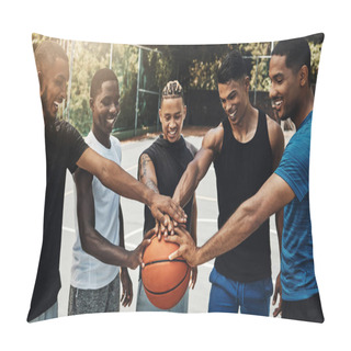 Personality  Training, Friends And Community Support By Basketball Players Hand Connected In Support Of Sports Goal And Vision. Fitness, Trust And Motivation On Basketball Court By Happy, United Professional Men. Pillow Covers