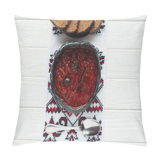 Personality  Bowl Of Traditional Beetroot Soup With Embroidered Towel And Rye Bread On White Wooden Background Pillow Covers