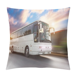 Personality  Bus Driving Moving At High Motion Blur Effect Speed On A Road In The Sunset Pillow Covers