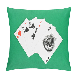 Personality  Top View Of Green Poker Table And Unfolded Playing Cards With Different Suits Pillow Covers