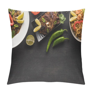 Personality  Top View Of Tasty Spicy Thai Noodles On Wooden Grey Surface Pillow Covers