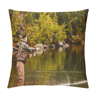 Personality  Fisherman Using Rod Fly Fishing In River Morning Standing In Water Pillow Covers