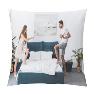 Personality  Young Emotional Couple Quarrel Angrily And Gesturing In Bedroom Pillow Covers