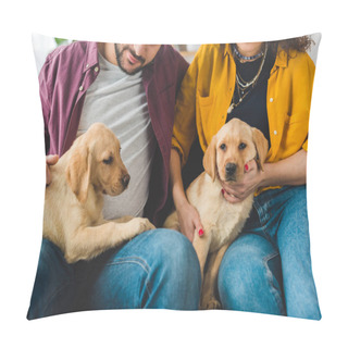 Personality  Partial View Of Young Couple Holding Two Labrador Puppies Pillow Covers