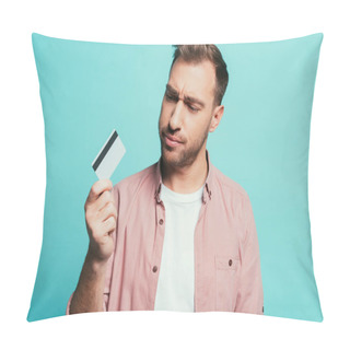 Personality  Frustrated Man Holding Credit Card, Isolated On Blue Pillow Covers