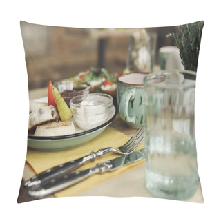 Personality  Close-up View Of Utensils, Cutlery And Healthy Breakfast On Table Pillow Covers
