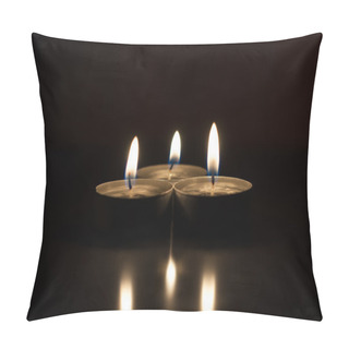 Personality  Three Candles On A Dark Background Reflected From The Surface Pillow Covers