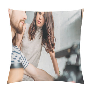 Personality  Selective Focus Of Attractive Editor Looking At Bearded Coworker  Pillow Covers