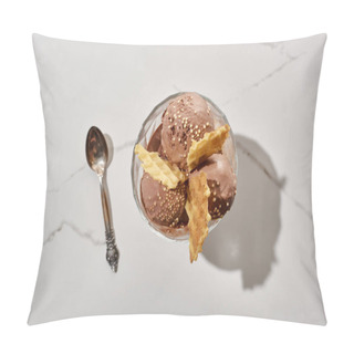 Personality  Top View Of Spoon And Delicious Chocolate Ice Cream In Bowl With Waffles On Marble Grey Background Pillow Covers