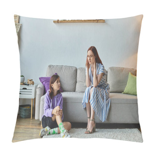 Personality  Frustrated Woman Touching Head Near Teenage Daughter Sitting On Floor In Living Room, Conflict Pillow Covers